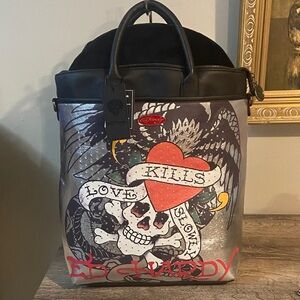 Ed Hardy Silver Black Backpack Tote Bag Red Heart Skull Love Kills Slowly 13x15